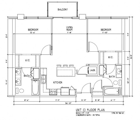 Floor plan for 2 beds, 2 baths, 1022 sqft